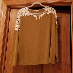 Shop Ruche tee w/ floral lace detail on shoulders